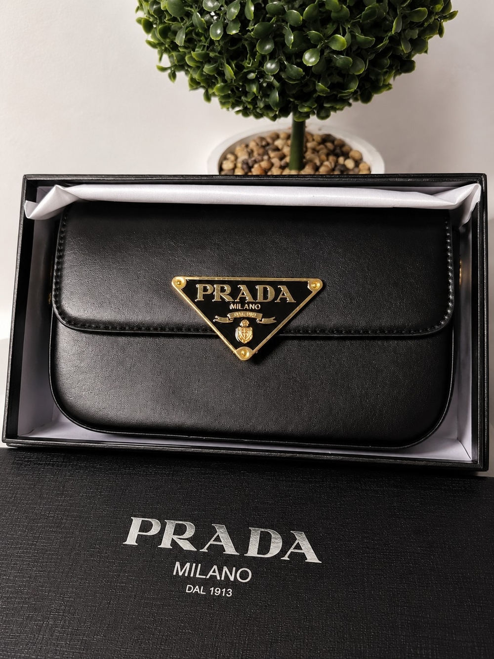Prada Black Leather Mini Shoulder Bag with Gold Triangle Logo